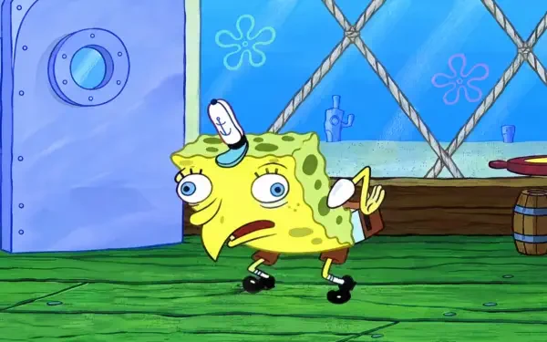 Mocking SpongeBob meme from SpongeBob SquarePants: cartoon SpongeBob bent in a sarcastic pose against an underwater diner backdrop; 4K Ultra HD PC desktop wallpaper/background.