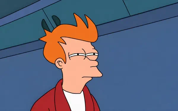 Futurama Fry squinting skeptically in the classic meme, presented as a 4K Ultra HD PC desktop wallpaper/background.