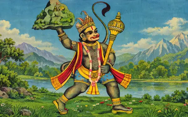 4K Ultra HD PC desktop wallpaper of Lord Hanuman, Hindu god, lifting a mountain and holding a mace against a lush riverside with snow-capped peaks.