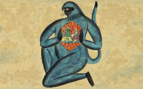 Surreal painting of Lord Hanuman cradling a miniature Lord Ram within his chest, rendered as a 4K Ultra HD PC desktop wallpaper and background.