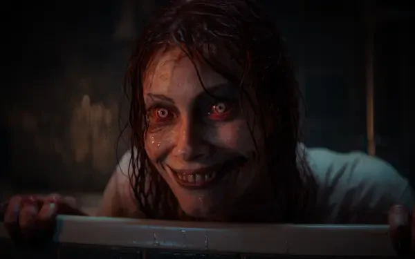 Evil Dead Rise close-up: a possessed deadite woman with bloodshot eyes, torn lips and a manic grin — horror 5K Ultra HD PC desktop wallpaper/background.