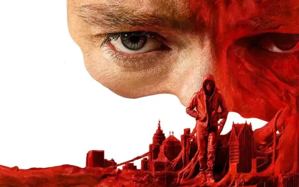 4K Ultra HD PC desktop wallpaper: close-up human face blending into a red Clayface figure and sculpted city skyline, dramatic contrast with a single intense eye.