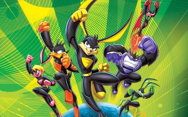 Loonatics Unleashed: five futuristic heroes leaping against a dynamic green-yellow burst — HD PC desktop wallpaper and background.
