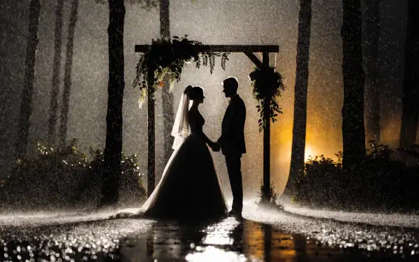 Silhouetted bride and groom hold hands under a floral arch in a rain-soaked forest at night, a wedding marriage ceremony scene — 2K Quad HD PC desktop wallpaper background.