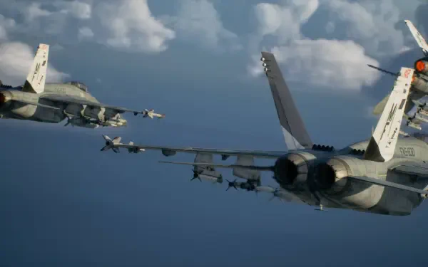 HD PC desktop wallpaper of Ace Combat 8: Wings of Theve jet fighters in tight formation over clouds, close-up on military aircraft engines and wing-mounted missiles.