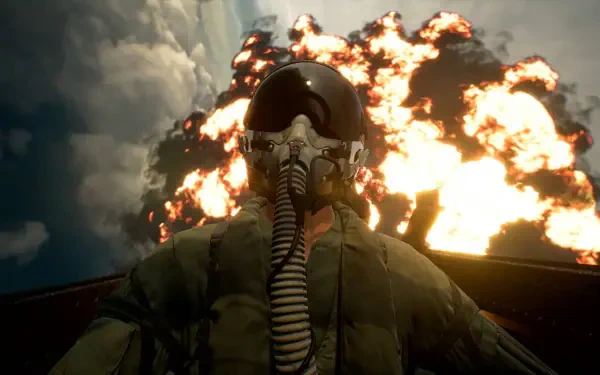 HD PC desktop wallpaper: Ace Combat 8: Wings of Theve pilot in flight suit and helmet inside a jet fighter cockpit, a massive explosion erupting behind.