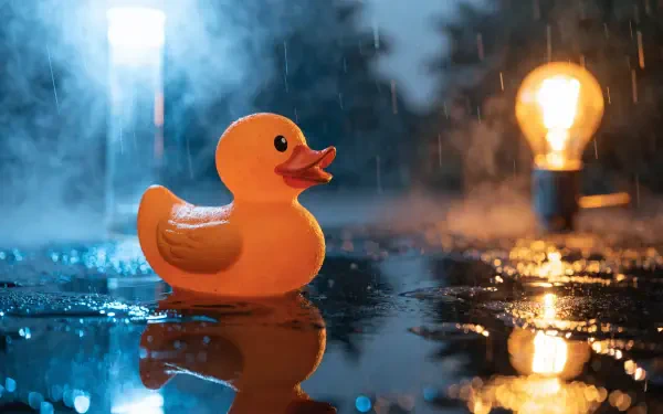 Yellow rubber duck toy on a wet reflective surface with warm bulb glow and blue bokeh; 2K Quad HD PC desktop wallpaper/background.