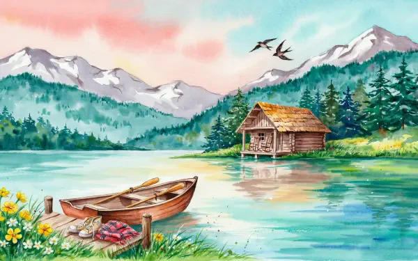 2K Quad HD PC desktop wallpaper: serene lake cabin scene with wooden rowboat at shore, wildflowers, forested mountains and birds under a pastel sky — weekend getaway mood.