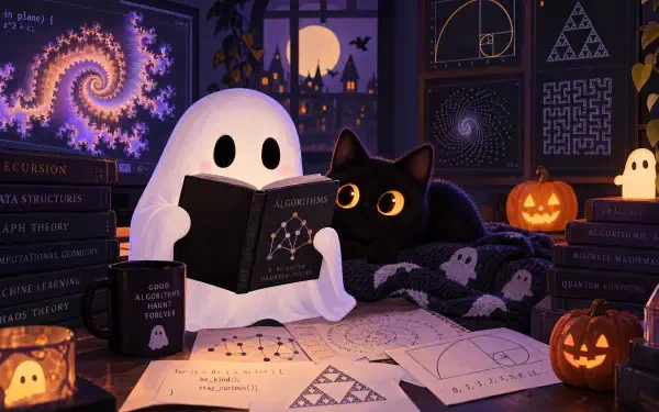 Spooky-cute 4K Ultra HD PC desktop wallpaper and background: a friendly ghost reads a book beside a wide-eyed black cat, pumpkins and candles in a cozy moonlit study of arcane books.