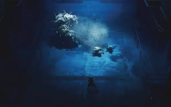 End of Abyss underwater scene: deep ocean reef lit by blue light, two divers by a coral outcrop with rising bubbles — HD PC desktop wallpaper/background.