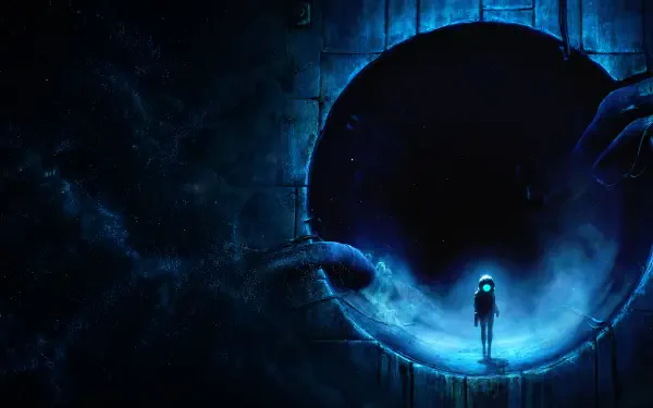 4K Ultra HD PC wallpaper: lone figure at the rim of the End of Abyss portal — a glowing vortex black hole opening into a starry void.