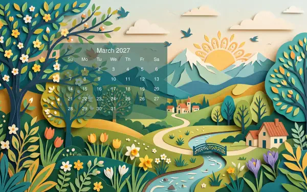 March 2027 calendar on a 5K Ultra HD PC desktop wallpaper background: stylized landscape with mountains, trees, river, wildflowers and cottages.