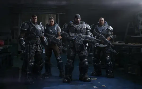 Gears of War: E-Day 2K Quad HD PC wallpaper — Marcus Fenix and three armored Gears soldiers stand in heavy combat armor, weapons ready in a dim bunker.