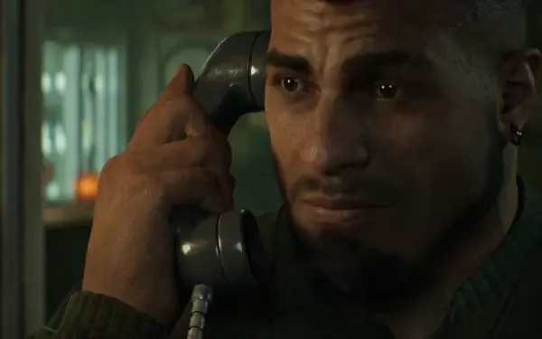 Close-up of Dominic Santiago from Gears of War (E-Day) holding a telephone with a troubled expression — HD PC desktop wallpaper/background.