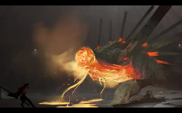 Control Resonant: colossal molten dragon monster unleashing fiery breath across a dark landscape, silhouetted warrior at left — 5K Ultra HD PC desktop wallpaper/background.