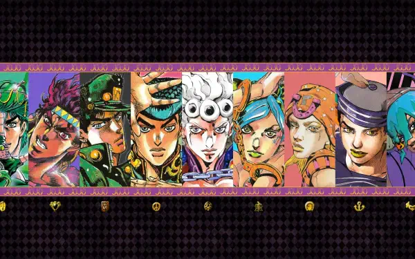 JoJo's Bizarre Adventure 4K Ultra HD PC Desktop Wallpaper and Background: panoramic character lineup on a purple patterned banner with bold, colorful anime portraits.