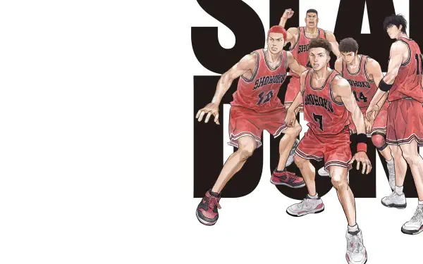 THE FIRST SLAM DUNK 4K Ultra HD PC desktop wallpaper: five basketball players in red jerseys sprinting right on a white background, cropped at the image's right edge.