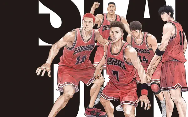 THE FIRST SLAM DUNK anime players in red Shohoku jerseys charging forward, rendered as a 4K Ultra HD PC desktop wallpaper and background.