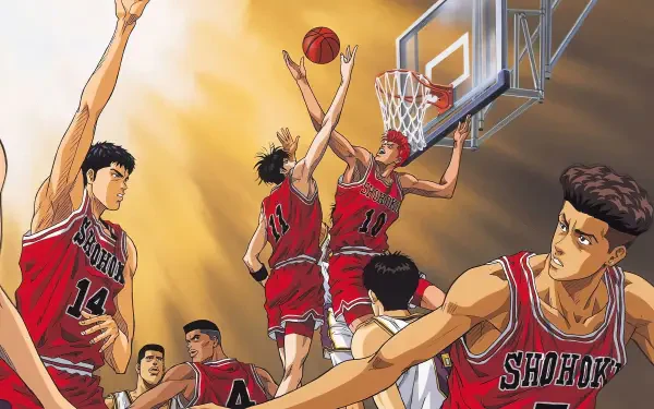 Slam Dunk anime: Shohoku players in red jerseys clash at the rim with a soaring dunk — vibrant 4K Ultra HD PC desktop wallpaper background.