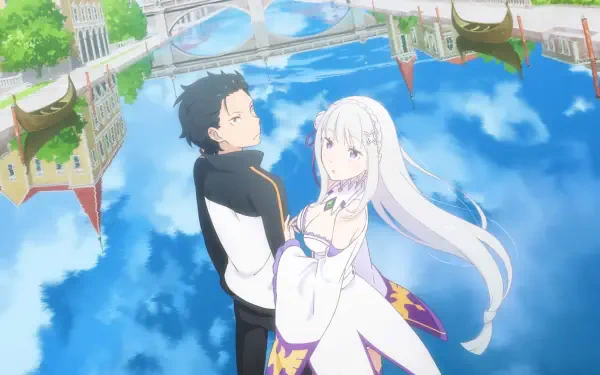 Re:Zero - Starting Life in Another World 4K Ultra HD PC desktop wallpaper: Subaru and Emilia float above a reflective blue sky with an inverted cityscape below.