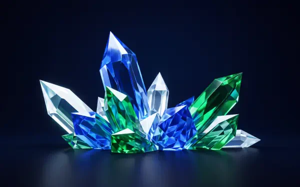 Blue, green and clear crystal gemstones clustered like jewelry on a dark surface, rendered as a 5K Ultra HD PC desktop wallpaper and background.