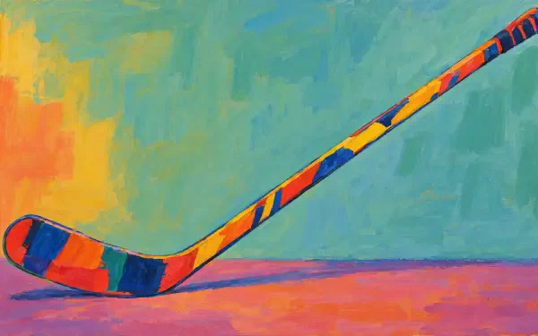 Abstract 4K Ultra HD PC desktop wallpaper showing a vibrant, painterly hockey stick diagonally across teal and coral color fields.