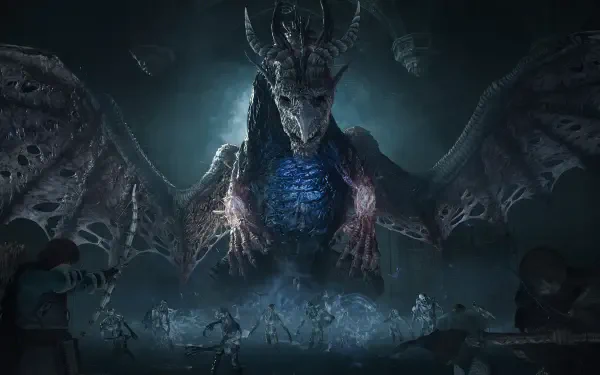 HD PC desktop wallpaper from Dragon's Dogma 2: colossal dragon monster with glowing blue chest and outstretched wings looming over armored figures in a shadowy cavern