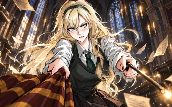 Malfoid meme anime girl casting magic in a cathedral, fierce blonde with wand and house scarf; dynamic 4K Ultra HD PC desktop wallpaper/background.