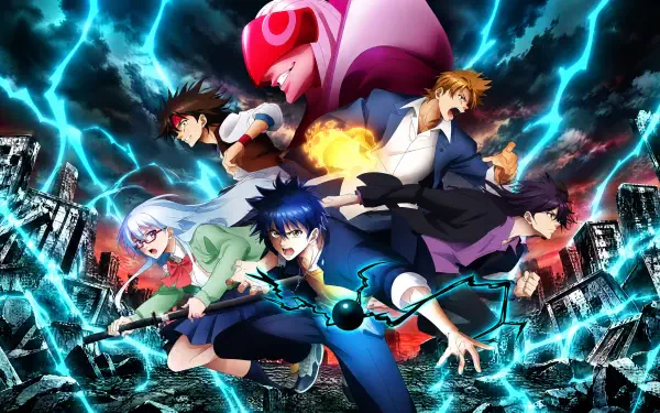 Psyren anime 4K Ultra HD PC desktop wallpaper featuring heroes battling amid electric-blue energy and a shattered city.