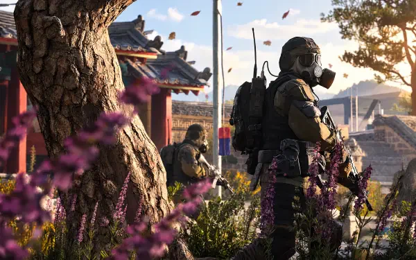 Call of Duty: Modern Warfare 4 4K Ultra HD PC desktop wallpaper featuring armed soldiers, including a gas mask-wearing soldier, near a temple.