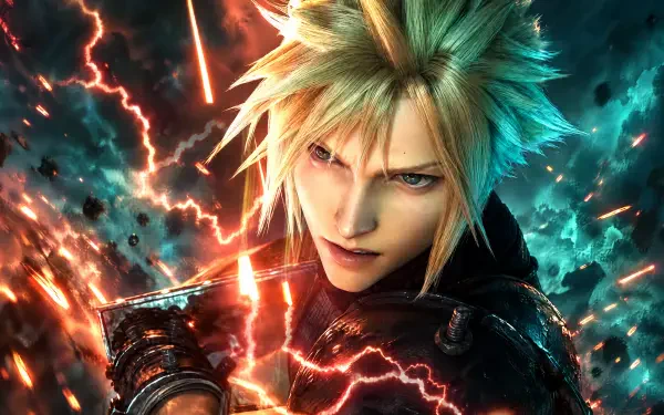 Cloud Strife from Final Fantasy Resonance amid fiery red and teal energy, 4K Ultra HD PC desktop wallpaper and background.