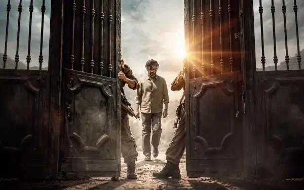 Rajinikanth walks through towering iron gates in Jailer 2, cinematic 5K Ultra HD desktop wallpaper.
