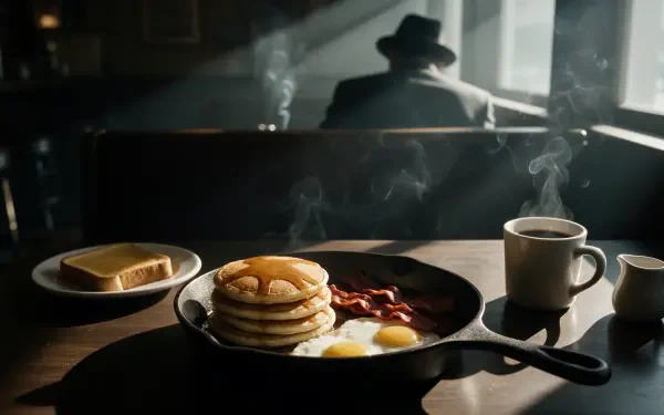 Pancake and coffee breakfast in a sunlit kitchen, 4K Ultra HD PC desktop wallpaper and background.