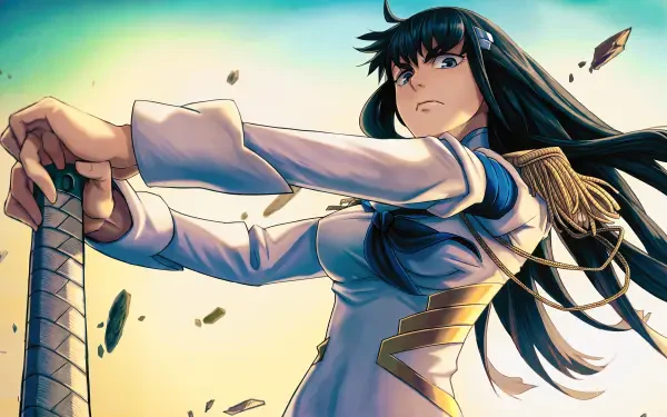 Satsuki Kiryūin from Kill la Kill grips a katana amid flying debris in this 5K Ultra HD PC desktop wallpaper.