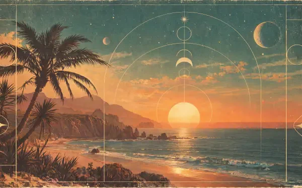 Vintage summer 4K Ultra HD desktop wallpaper of palm trees framing a sunset over the ocean and beach, with celestial moon accents.