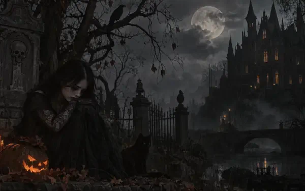 4K Ultra HD Halloween gothic desktop wallpaper of a shadowy graveyard, haunted house, full moon, and glowing jack-o’-lantern.