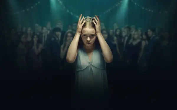 Carrie (Prime Video) 4K Ultra HD desktop wallpaper showing a young woman holding her head before a shadowy crowd.