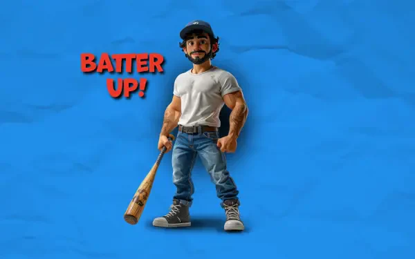 Funny cartoon baseball batter character holding a bat beneath “Batter Up!” on a blue 2K Quad HD desktop wallpaper background.