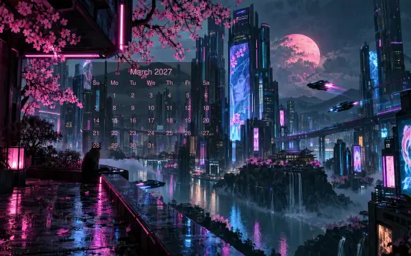 March 2027 calendar over a neon cyberpunk cityscape with a pink moon, 4K Ultra HD PC desktop wallpaper and background.