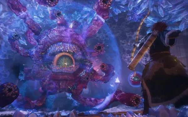 Dragon’s Dogma 2: Dark Arisen 4K Ultra HD PC desktop wallpaper featuring a warrior facing a giant alien eye in a glowing purple-blue cavern.