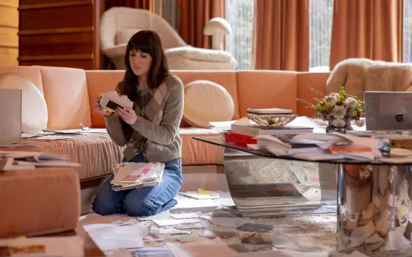 Dakota Johnson sits among scattered papers in a sunlit living room in Verity (2026), featured in a 4K Ultra HD PC desktop wallpaper.