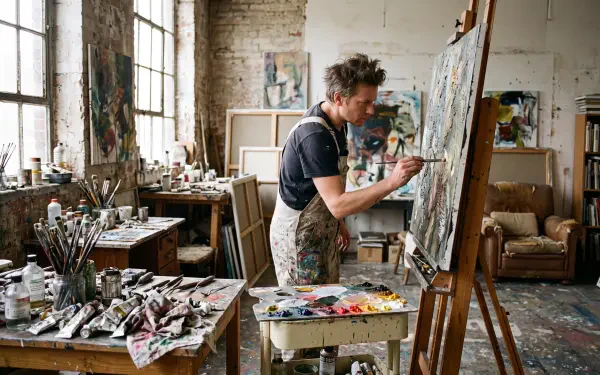 Artist painting at an easel in a sunlit art studio, 5K Ultra HD desktop wallpaper and background.