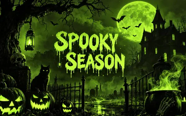 Spooky season 4K Ultra HD PC desktop wallpaper with a glowing green moon, bats, haunted castle, jack-o’-lanterns, and eerie graveyard.