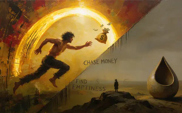 4K Ultra HD desktop wallpaper of a man chasing money toward a golden portal, with a giant droplet and the words “Chase money, find emptiness,” symbolizing greed.