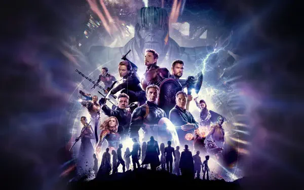 Avengers Endgame heroes unite in a cosmic battle scene, featured in an 8K Ultra HD PC desktop wallpaper and background.