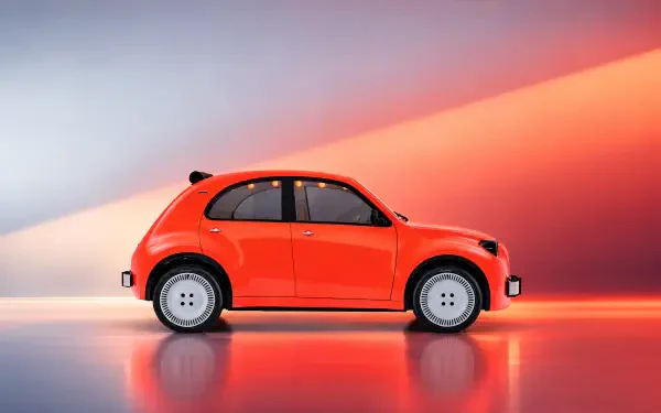 Red Citroën 2CV Concept hatchback against a glowing sunset backdrop, 4K Ultra HD PC desktop wallpaper.