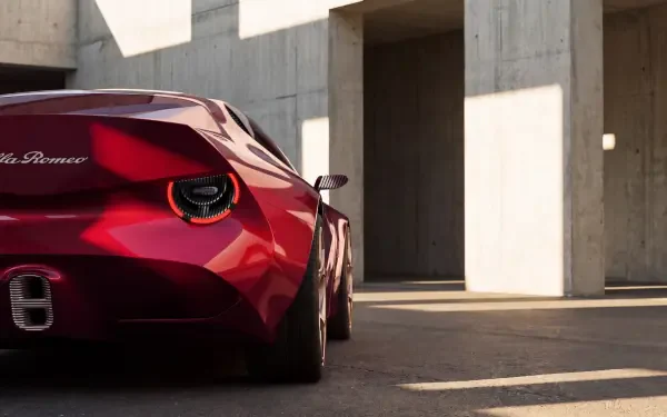 Red Alfa Romeo Cuorerosso concept sports car against modern concrete architecture, featured in an HD desktop wallpaper background.