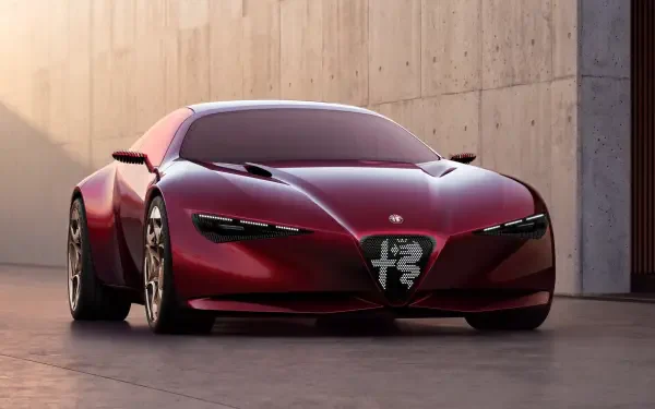 Red Alfa Romeo Cuorerosso concept sports car against a concrete wall, HD desktop wallpaper and background.