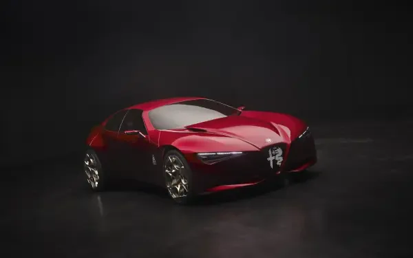 Red Alfa Romeo Cuorerosso concept sports car on a dark studio backdrop, featured in an HD PC desktop wallpaper.