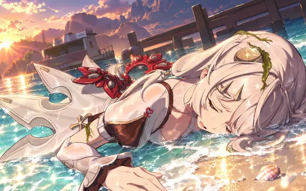 Zenless Zone Zero anime girl in a swimsuit at the beach, 4K Ultra HD PC desktop wallpaper with warm sunset scenery.